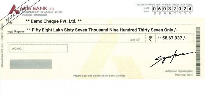 Axis Bank Cheque Sample Printed by MoneyFlex Cheque Printing Software