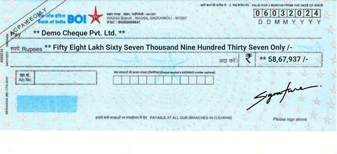 Bank of India Cheque Sample Printed by MoneyFlex Cheque Printing Software