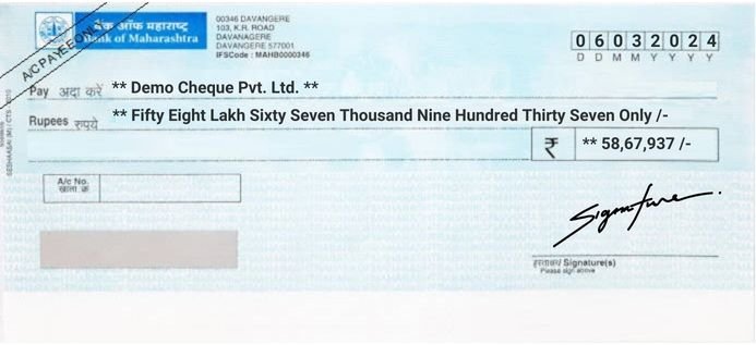 Bank of Maharashtra Cheque Sample Printed by MoneyFlex Cheque Printing Software