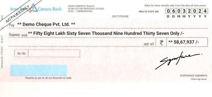 Canara Bank Cheque Sample Printed by MoneyFlex Cheque Printing Software