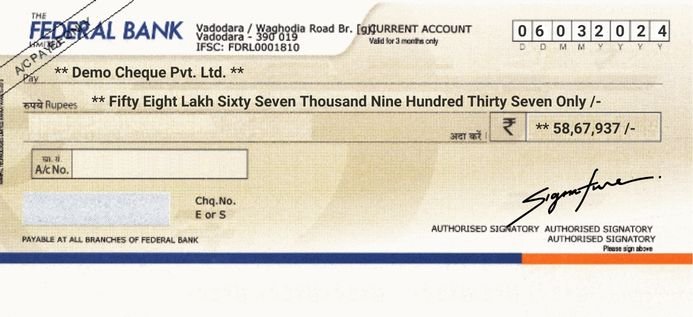 Federal Bank Cheque Sample Printed by MoneyFlex Cheque Printing Software