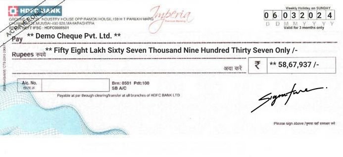 HDFC Bank Cheque Sample Printed by MoneyFlex Cheque Printing Software
