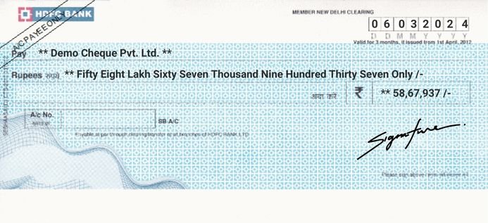 HDFC Bank SB Cheque Sample Printed by MoneyFlex Cheque Printing Software