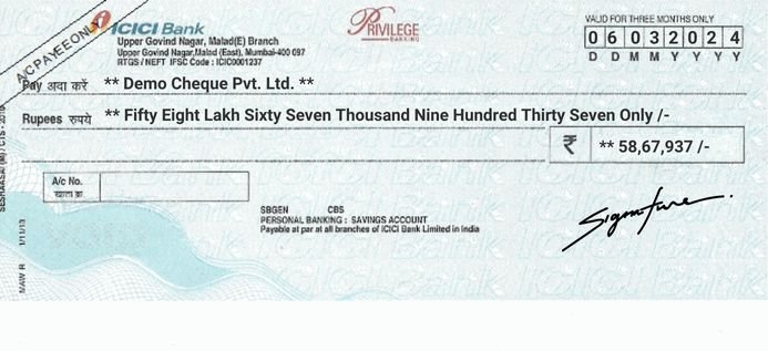 ICICI Bank Cheque Sample Printed by MoneyFlex Cheque Printing Software