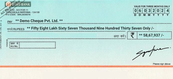 IDBI Bank Cheque Sample Printed by MoneyFlex Cheque Printing Software