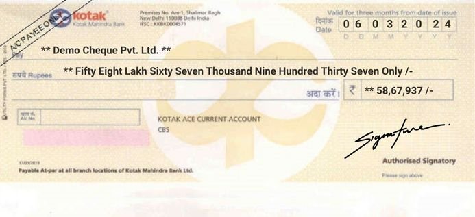 Kotak Mahinda Bank Cheque Sample Printed by MoneyFlex Cheque Printing Software