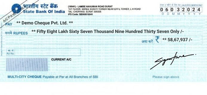 SBI Bank Cheque Sample Printed by MoneyFlex Cheque Printing Software
