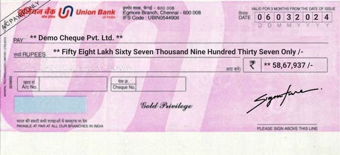 Union Bank Cheque Sample Printed by MoneyFlex Cheque Printing Software