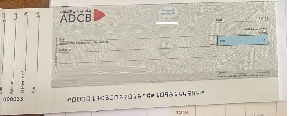 ADCB Bank Cheque