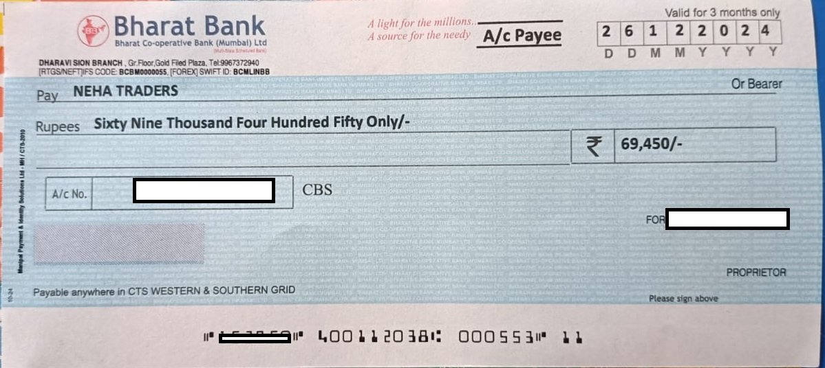 Bharat Bank Cheque