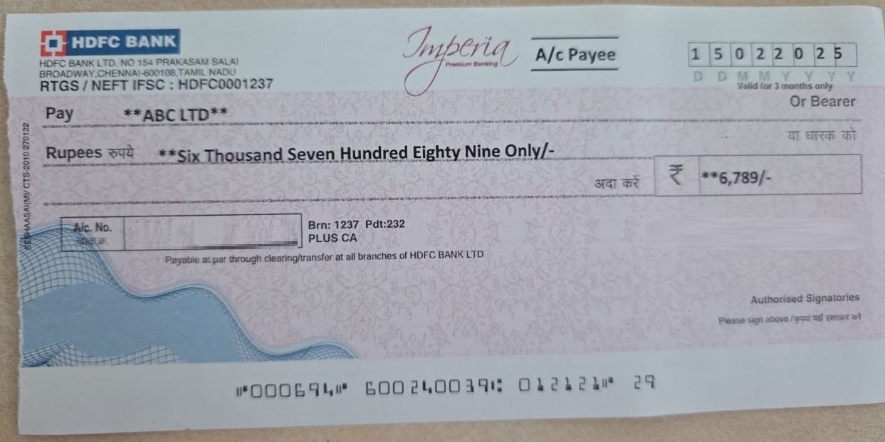 HDFC Bank Cheque Sample