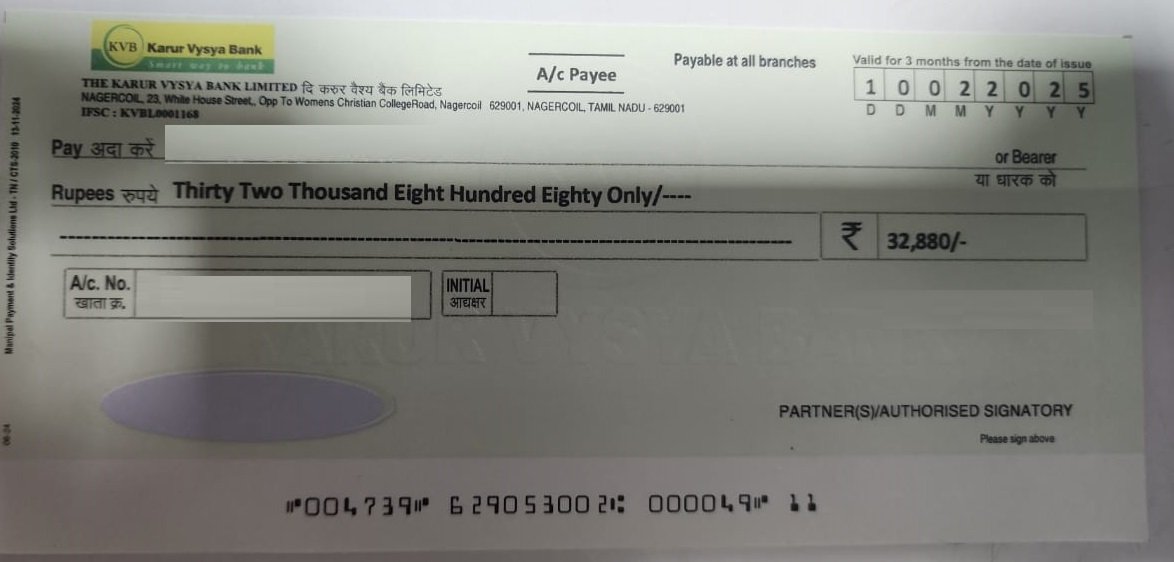 Karur Vysya Bank Cheque